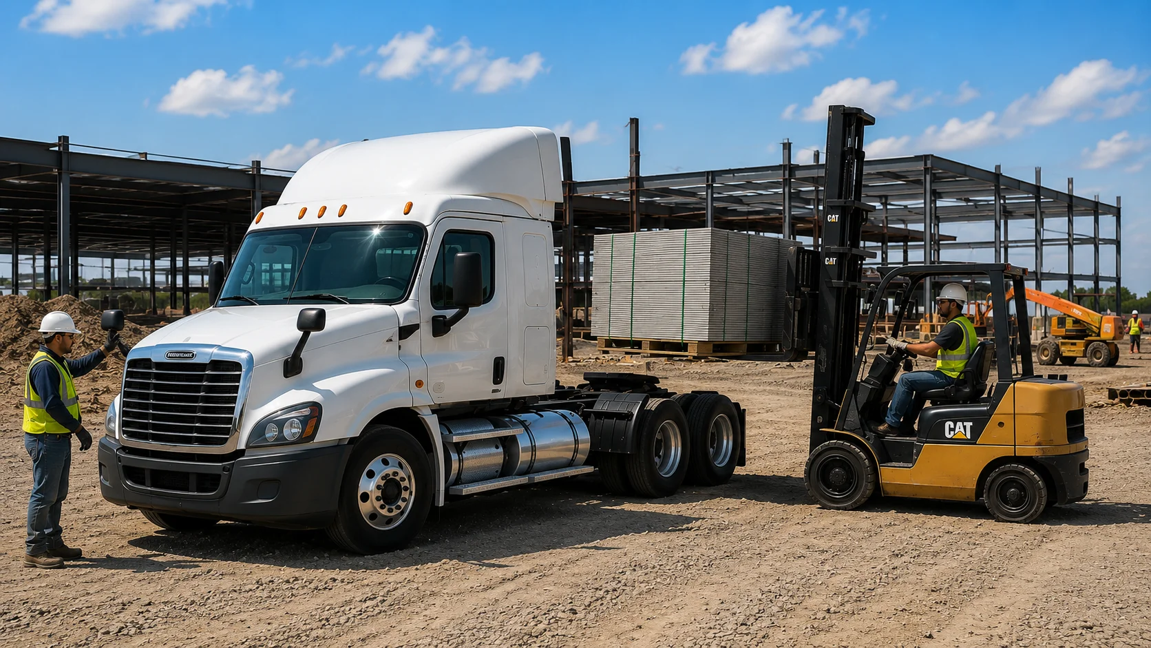 Construction site with truck and forklift